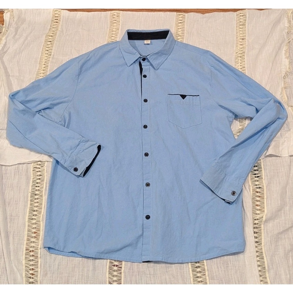 Minimalist Coastal Grandpa‎ Blue Cotton Linen Blend Button Up Shirt Y2K XL